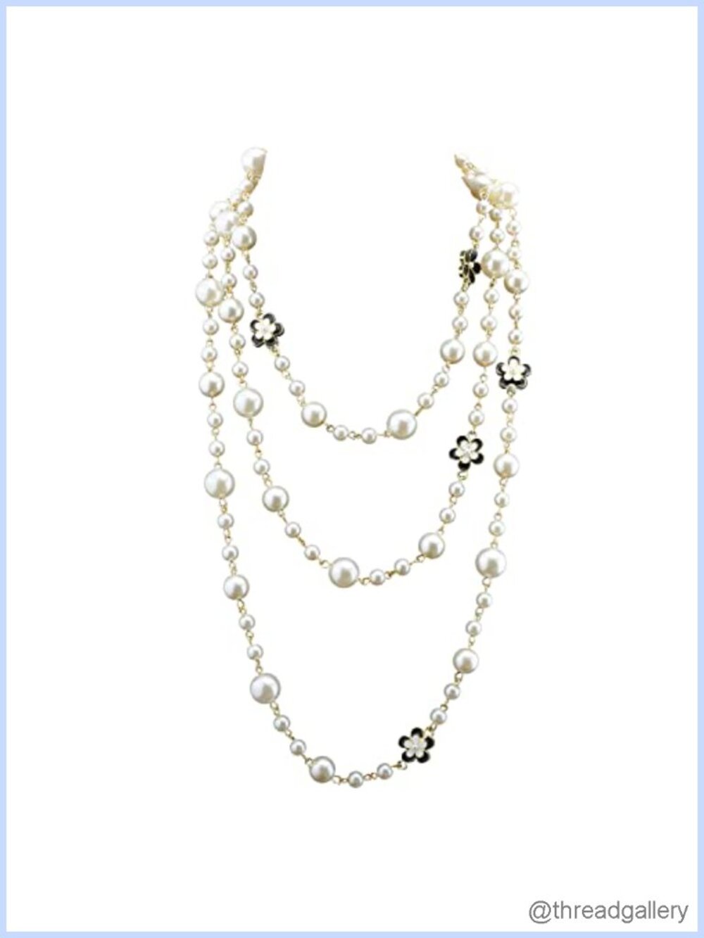 Long Imitation Pearl Clover Strand Necklace Curb Chain 58.6 Inch